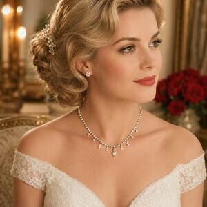 1950s Rhinestone Teardrop Necklace Bridal Choker Silver Tone Mid Century Wedding